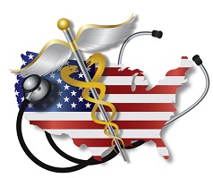 Stethoscope with USA Flag Map and Caduceus Take US Healthcare Quiz